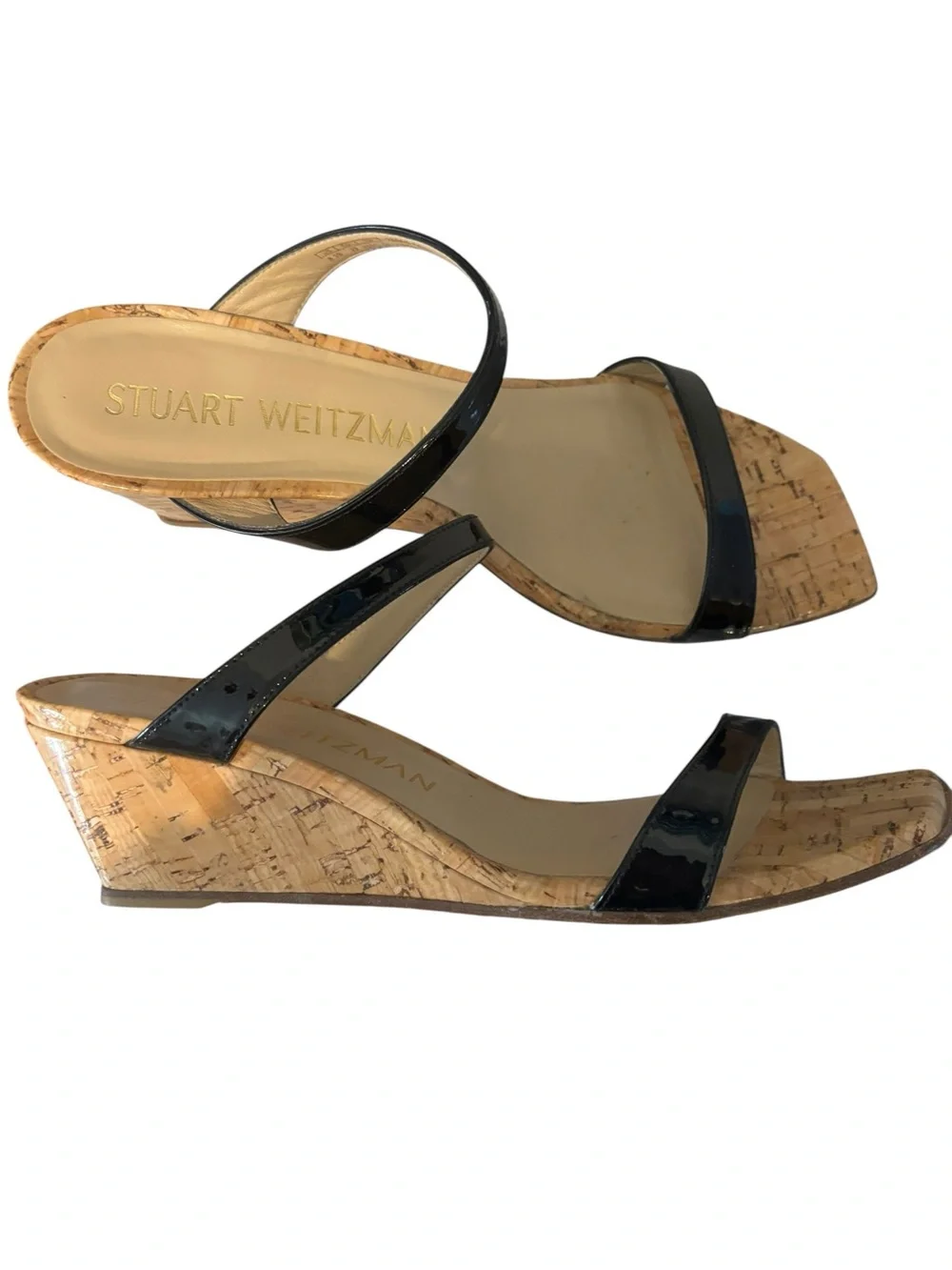 Stuart Weitzman Black Patent Double-Strap Cork Wedge Sandals Women’s Size 8 - Picture 2 of 8